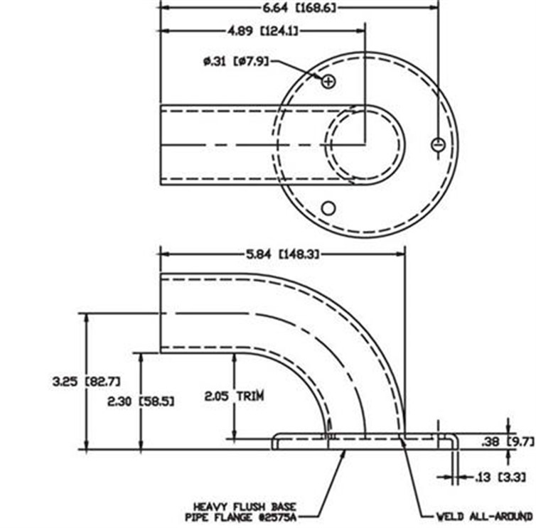 Wagner 3-Hole Aluminum Wall Return with 3-1/4" Projection, 1 Tangent, 1-1/2" Pipe 1165-3