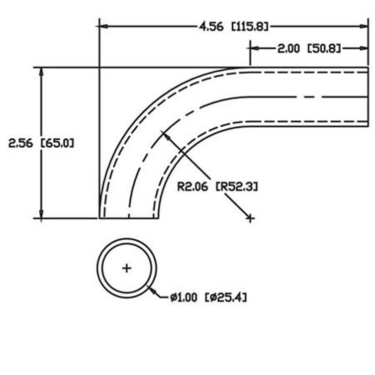Steel Flush-Weld 90? Elbow with One 2" Tangent, 1.56" Inside Radius for 1" Dia Tube 7807
