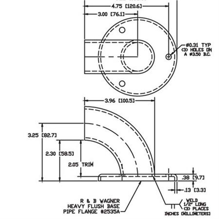 Wagner 3-Hole Steel Wall Return with 3-1/4" Projection, 1-1/2" Pipe 1164-3