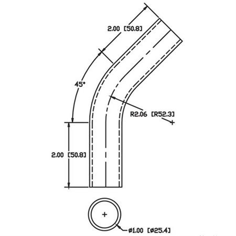 Steel Flush-Weld 45? Elbow with Two 2" Tangents, 1.56" Inside Radius for 1" Dia Tube 7803