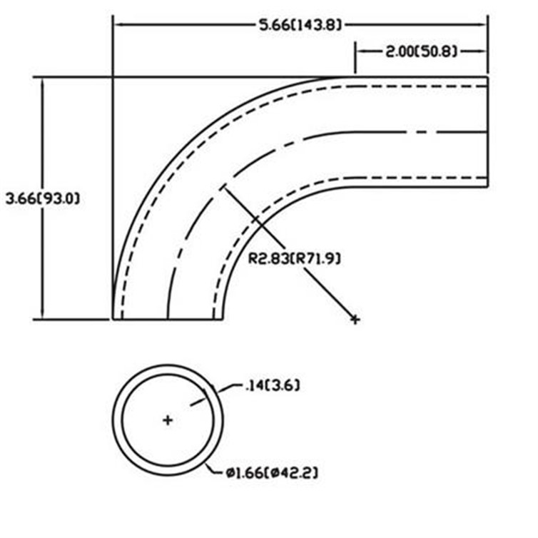 Aluminum Flush-Weld 90? Elbow with One 2" Tangent, 2" Inside Radius for 1-1/4" Pipe 293-3