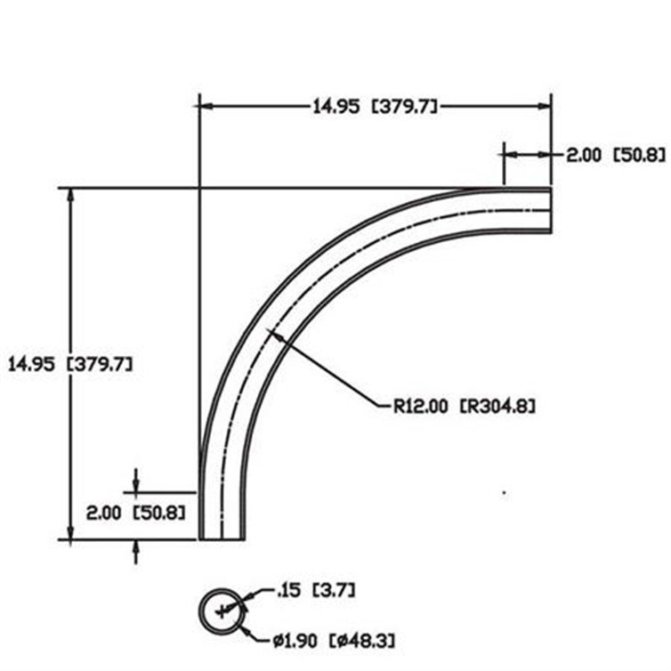 Aluminum Flush-Weld 90? Elbow with Two 2" Tangents, 11.05" Inside Radius for 1-1/2" Pipe 9322