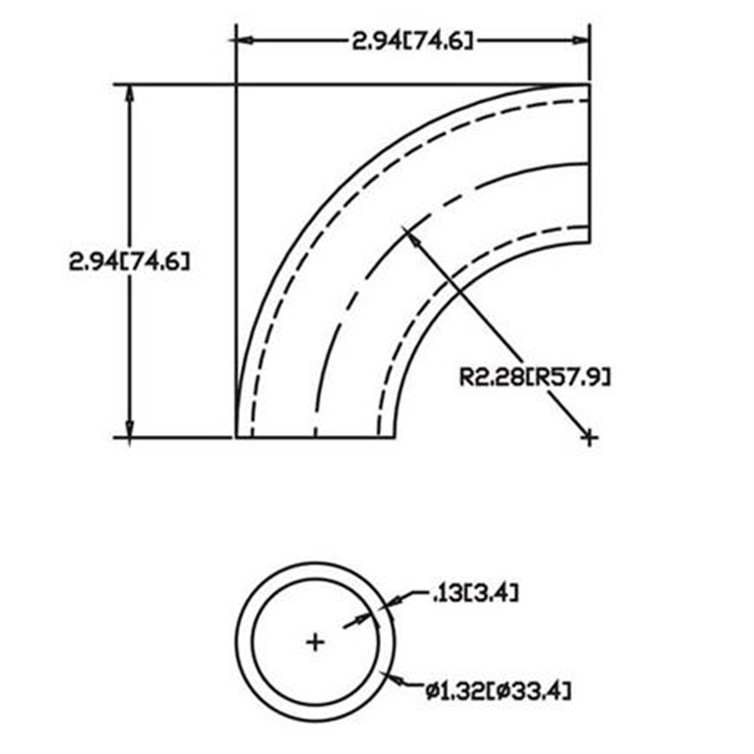 Stainless Steel Flush-Weld 90? Elbow with 1-5/8" Inside Radius for 1" Pipe 4535
