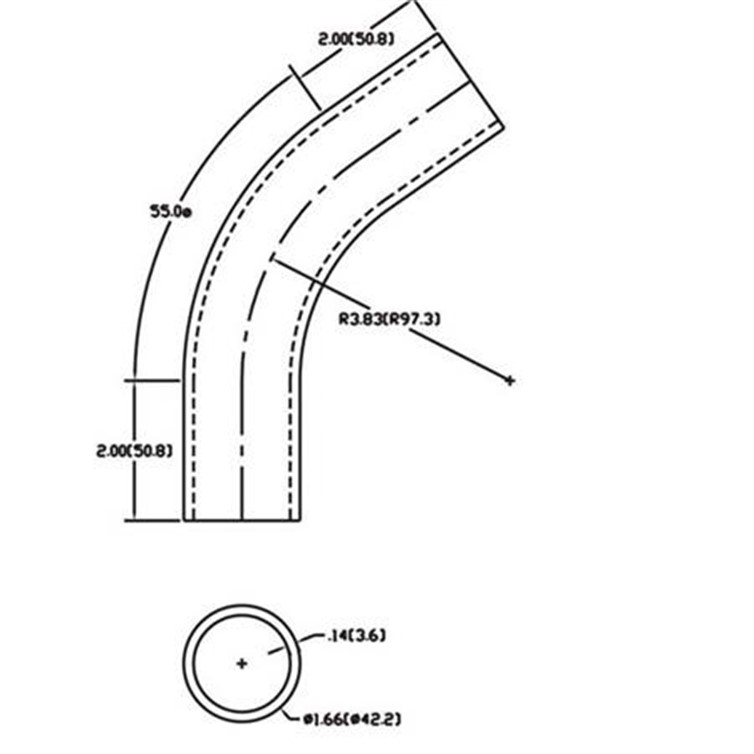 Aluminum Flush-Weld 55? Elbow with Two 2" Tangents, 3" Inside Radius for 1-1/4" Pipe 288-2