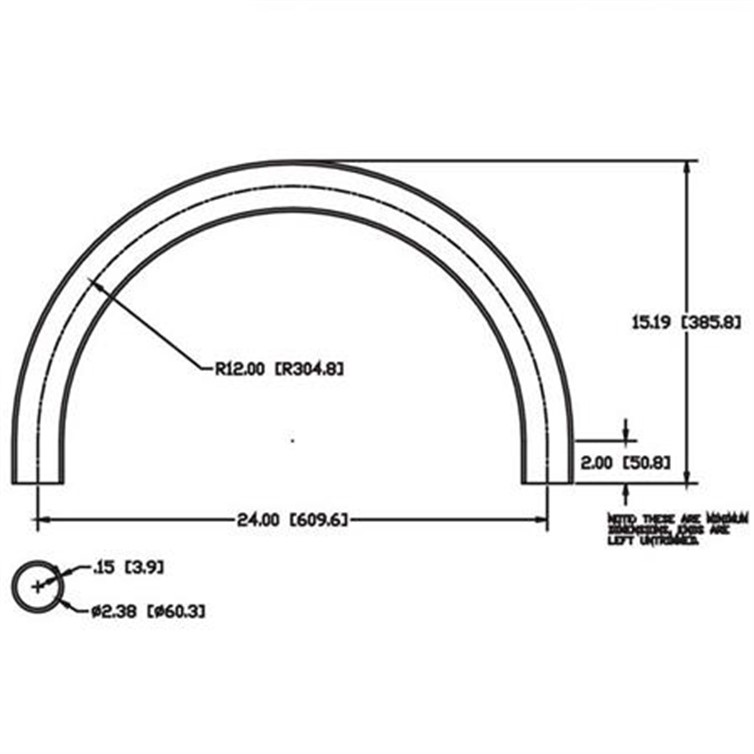Stainless Steel Flush-Weld 180? Elbow w/ 2 Untrimmed Tangents, 10.81" Ins. Radius for 2" Pipe 9391B
