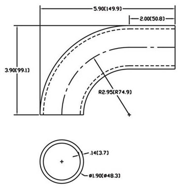 Aluminum Flush-Weld 90? Elbow with One 2" Tangent, 2" Inside Radius for 1-1/2" Pipe 365-3