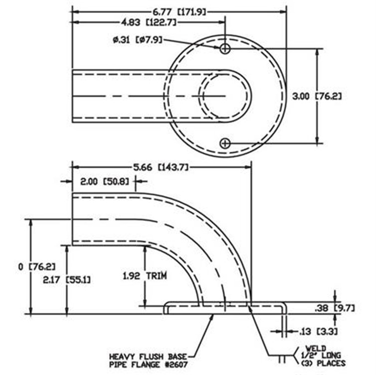 Wagner 2-Hole Stainless Steel Wall Return with 3" Projection, 1 Tangent, 1-1/4" Pipe 1118-2