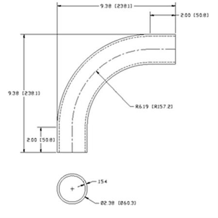 Aluminum Flush-Weld 90? Elbow with Two 2" Tangents, 5" Inside Radius for 2" Pipe 7209