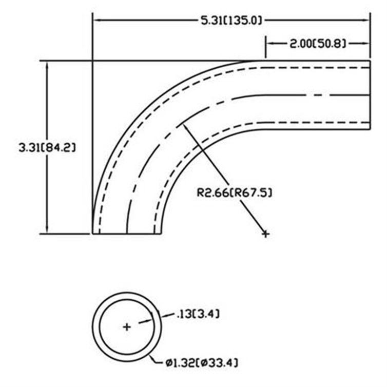 Aluminum Flush-Weld 90? Elbow with One 2" Tangent, 2" Inside Radius for 1" Pipe 228-1