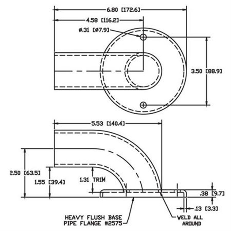 Wagner 2-Hole Aluminum Wall Return with 2-1/2" Projection, 1 Tangent, 1-1/2" Pipe 1139-2