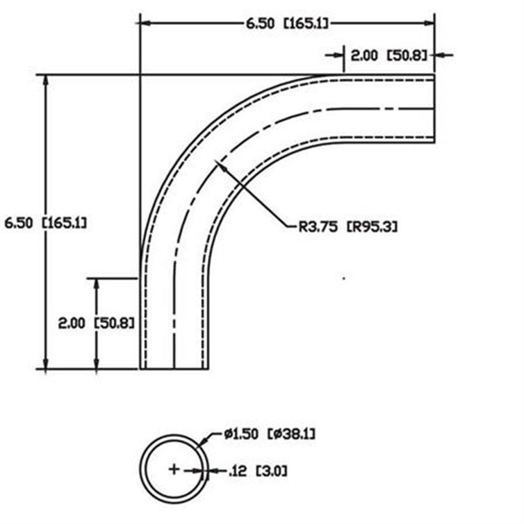 Aluminum Flush-Weld 90? Elbow with Two 2" Tangents, 3" Inside Radius for 1.50" Dia Tube 6969