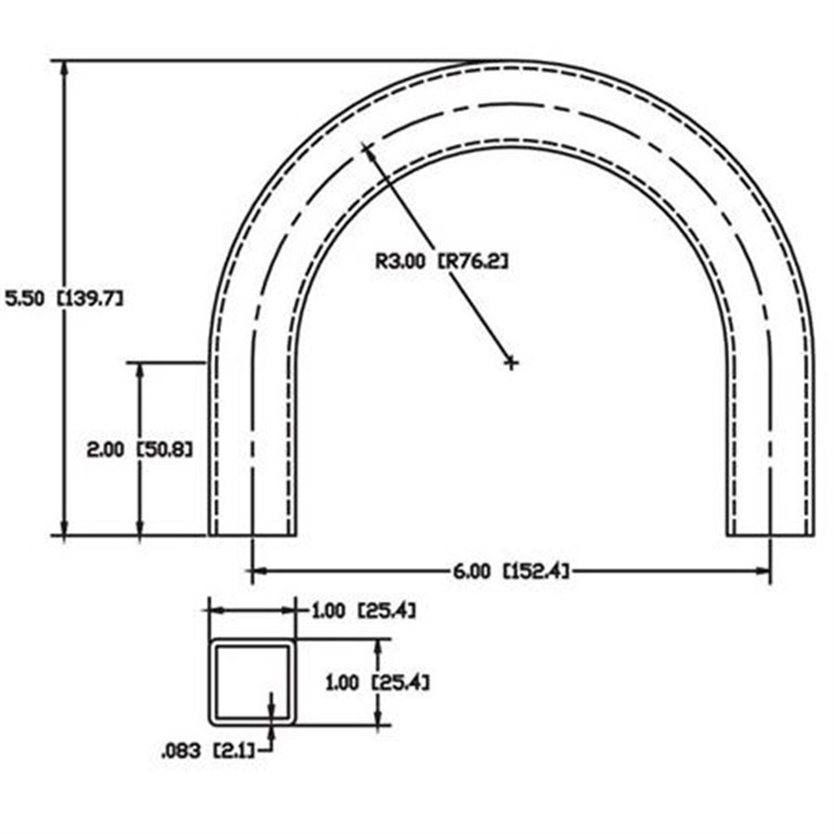 Aluminum 1" Square Tube Flush-Weld 180? Elbow with Two 2" Tangents, 2-1/2" Inside Radius 6413