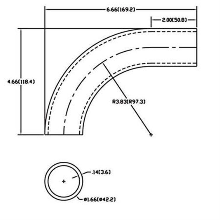 Stainless Steel Bent Flush-Weld 90? Elbow with One 2" Tangent, 3" Inside Radius for 1-1/4" Pipe 464-1