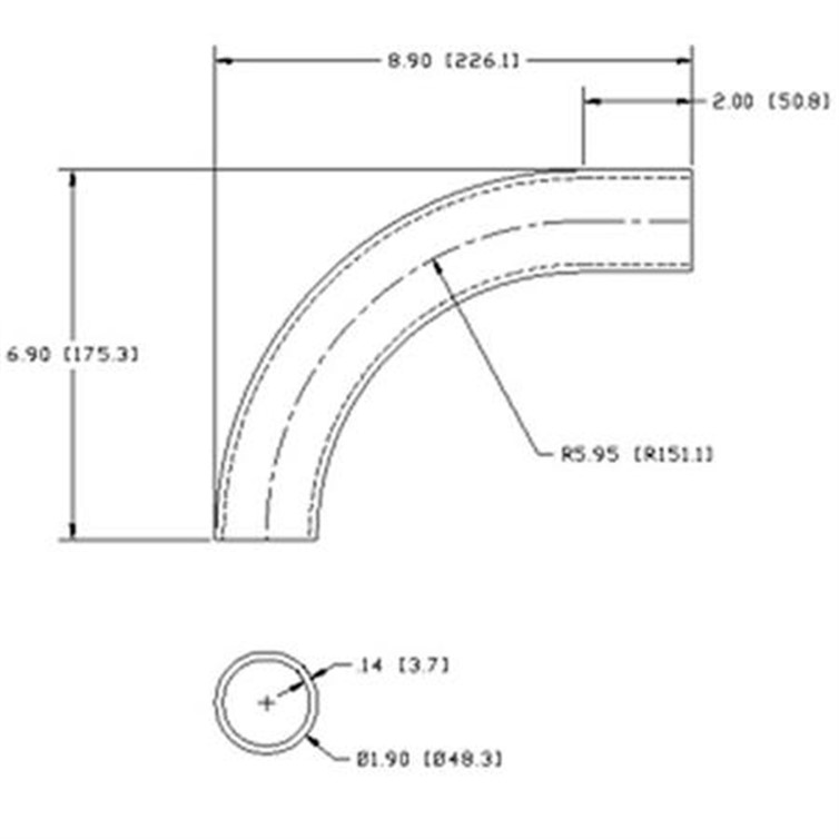 Stainless Steel Flush-Weld 90? Elbow with One 2" Tangent, 5" Inside Radius for 1-1/2" Pipe 7168