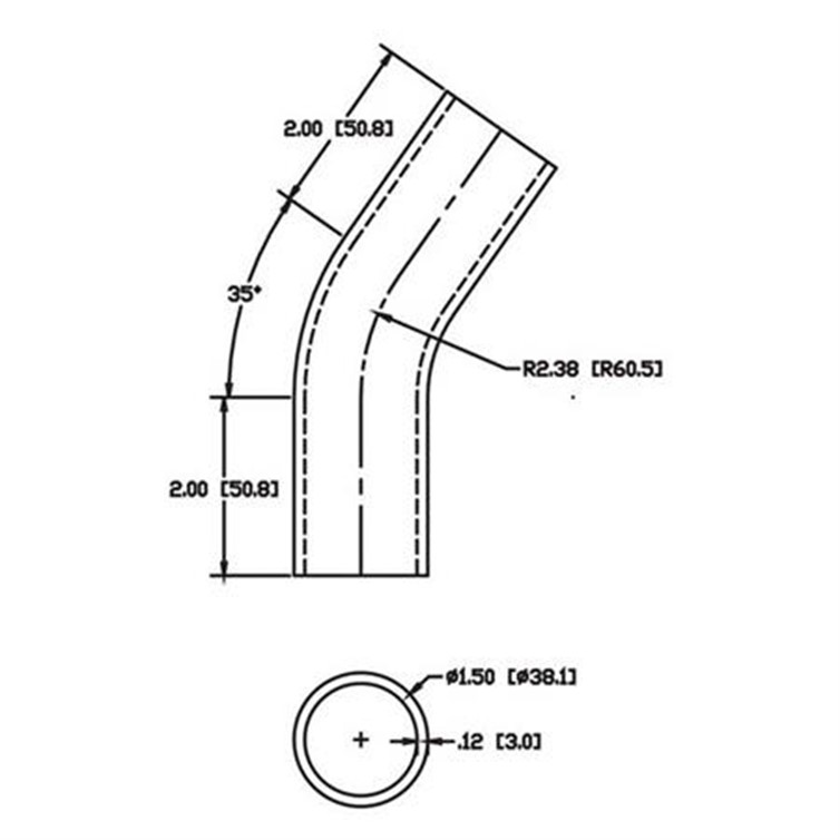 Steel Flush-Weld 35? Elbow with Two 2" Tangents, 1-5/8" Inside Radius for 1.50" Dia Tube 6901