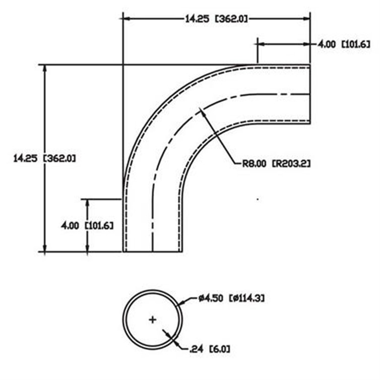 Steel Flush-Weld 90? Elbow with Two 4"  Tangents, 5.75" Inside Radius for 4" Pipe 9641