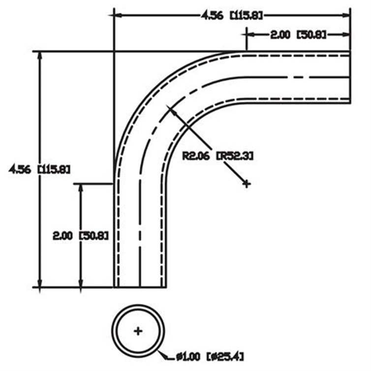 Stainless Steel Flush-Weld 90? Elbow with Two 2" Tangents, 1.56" Inside Radius for 1" Dia Tube 7840
