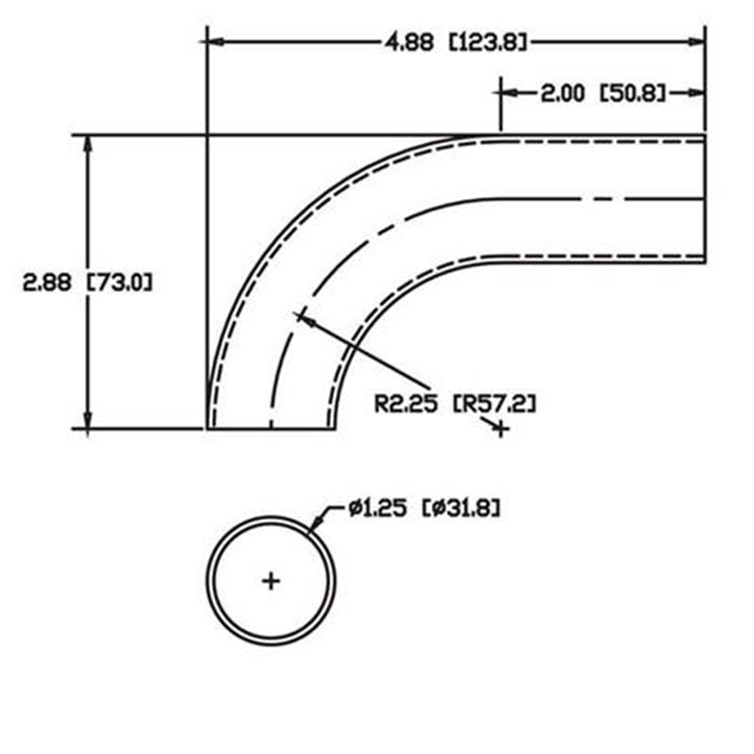 Steel Flush-Weld 90? Elbow with One 2" Tangent, 1-5/8" Inside Radius for 1.25" Dia Tube 7857