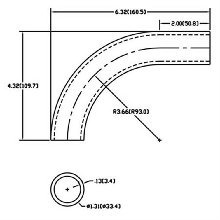 Steel Bent Flush-Weld 90? Elbow with One 2" Tangent, 3" Inside Radius for 1" Pipe 507-1