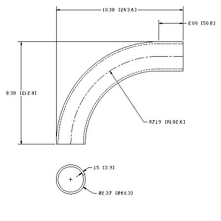 Aluminum Flush-Weld 90? Elbow with One 2" Tangent, 6" Inside Radius for 2" Pipe 7608