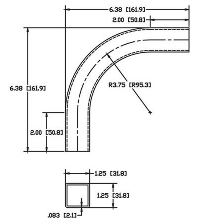 Steel 1.25" Square Tube Flush-Weld 90? Elbow with Two 2" Tangents, 2-1/2" Inside Radius 6338