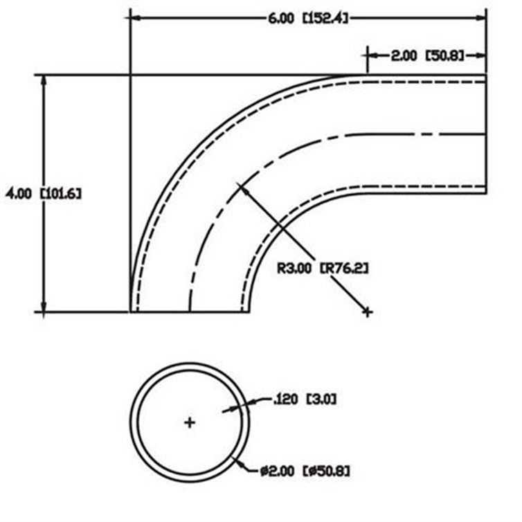 Steel Flush-Weld 90? Elbow with One 2" Tangent, 2" Inside Radius for 2.00" Tube OD 7957