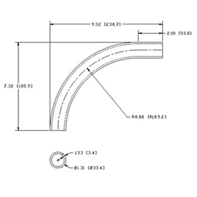 Stainless Steel Flush-Weld 90? Elbow with One 2" Tangent, 6" Inside Radius for 1" Pipe 7448