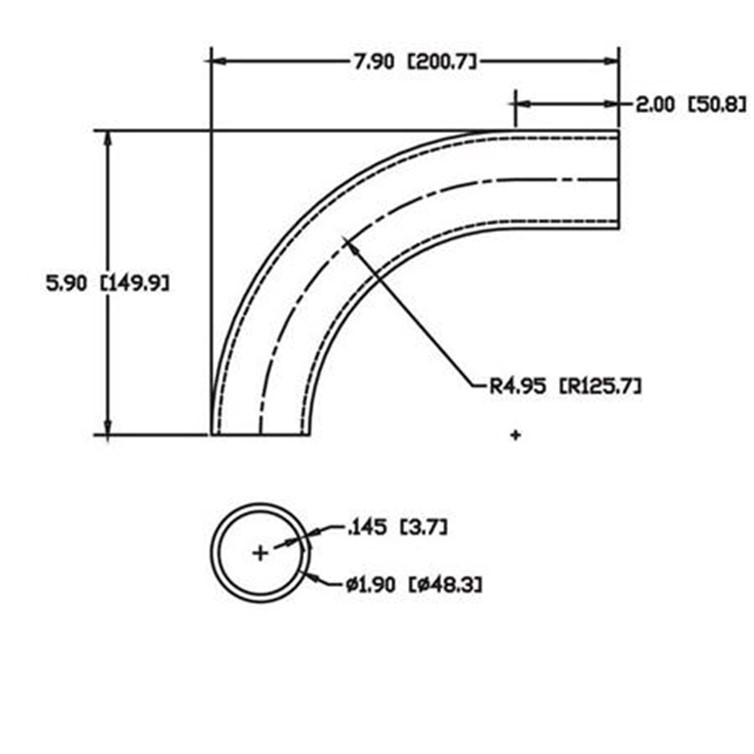 Aluminum Flush-Weld 90? Elbow with One 2" Tangent, 4" Inside Radius for 1-1/2" Pipe 5675