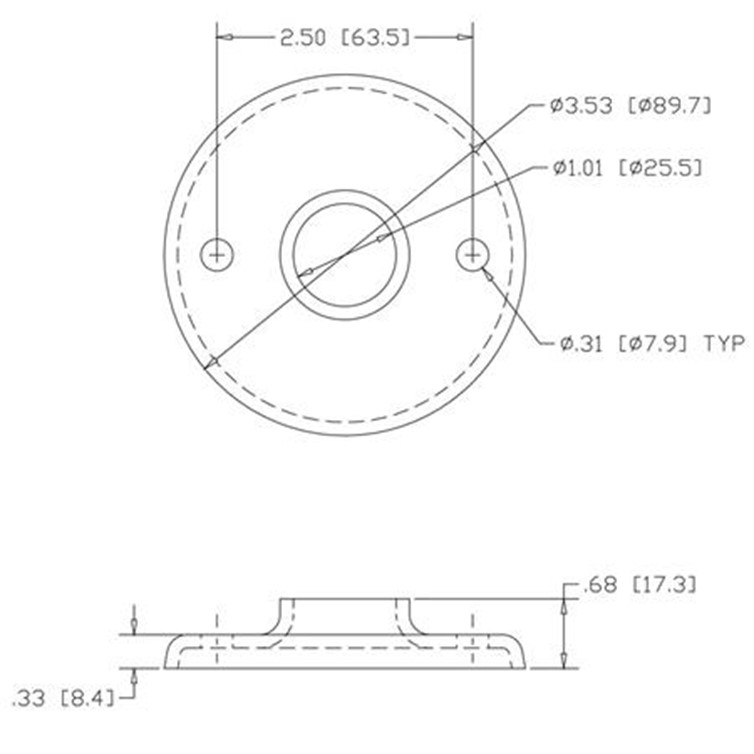Stainless Steel Heavy Base Flange with 2 Mounting Holes for 1.00" Dia Tube 1519T