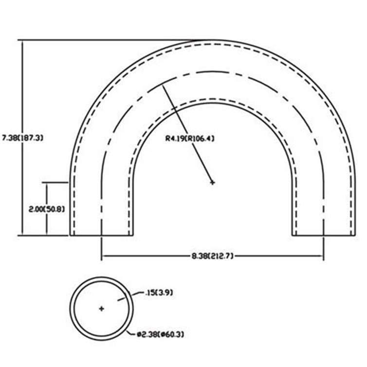 Aluminum Bent Flush-Weld 180? Elbow with Two 2" Tangents, 3" Inside Radius for 2" Pipe 452B