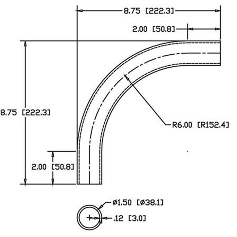 Stainless Steel Flush-Weld 90? Elbow with Two 2" Tangents, 5.25" Inside Radius for 1.50" Dia Tube 6977-6