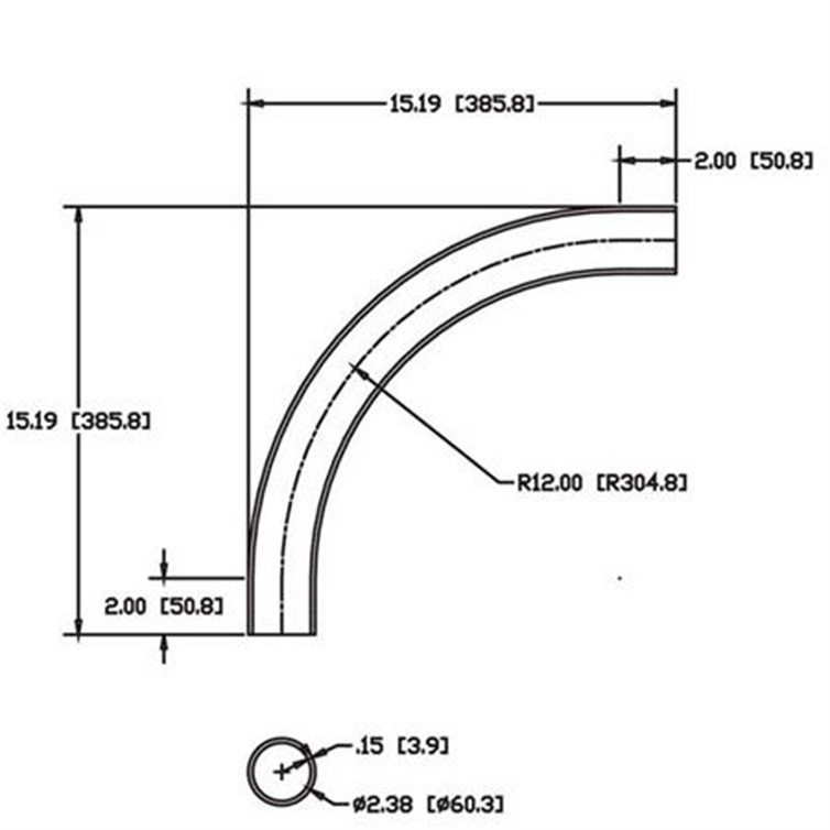 Steel Flush-Weld 90? Elbow with Two 2" Tangents, 10.81" Inside Radius for 2" Pipe 9358