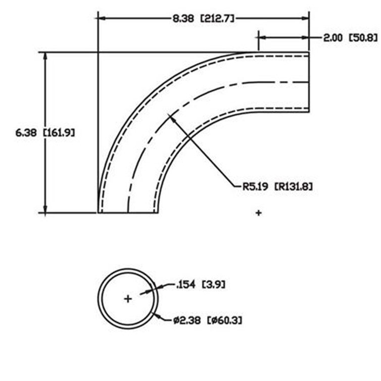 Stainless Steel Flush-Weld 90? Elbow with One 2" Tangent, 4" Inside Radius for 2" Pipe 5755