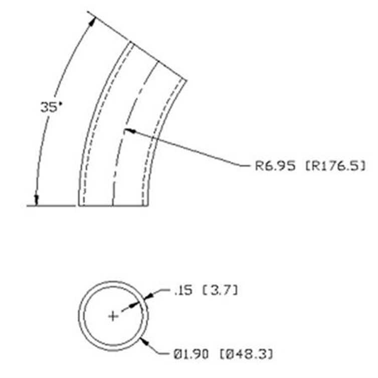 Aluminum Flush-Weld 35? Elbow with Two Untrimmed Tangents, 6" Inside Radius for 1-1/2" Pipe 7541