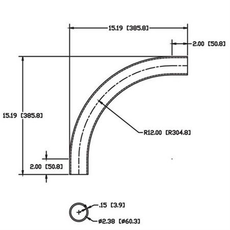 Aluminum Flush-Weld 90? Elbow with Two 2" Tangents, 10.81" Inside Radius for 2" Pipe 9372