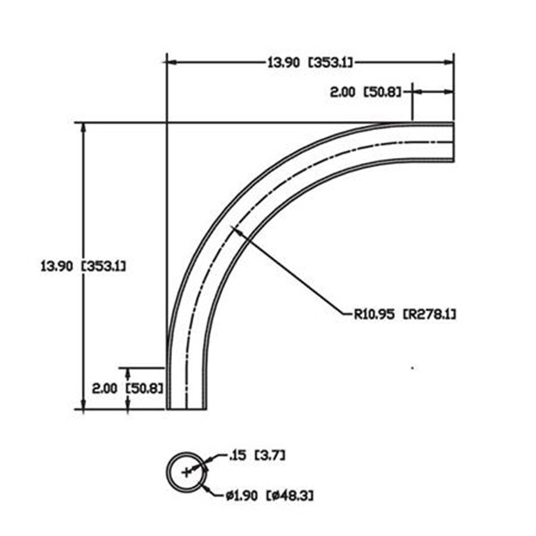 Aluminum Flush-Weld 90? Elbow with Two 2" Tangents, 10" Inside Radius for 1-1/2" Pipe 8322
