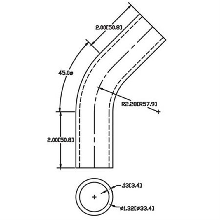 Stainless Steel Flush-Weld 45? Elbow with Two 2" Tangents, 1-5/8" Inside Radius for 1" Pipe 4532