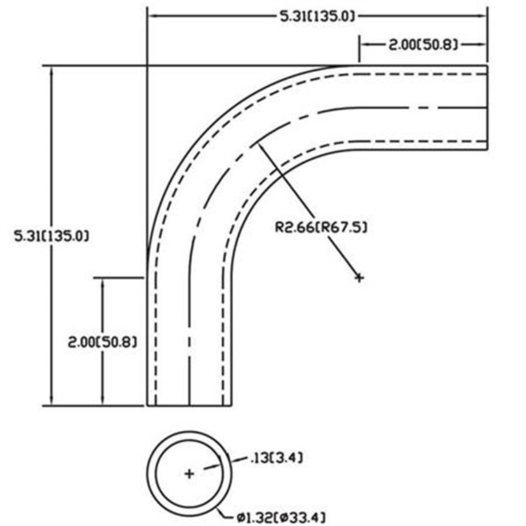 Stainless Steel Flush-Weld 90? Elbow with Two 2" Tangents, 2" Inside Radius for 1" Pipe 271-S2