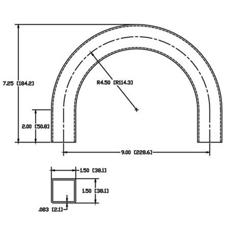 Steel 1.50" Square Tube Flush-Weld 180? Elbow with Two 2" Tangents, 3-3/4" Inside Radius 6373