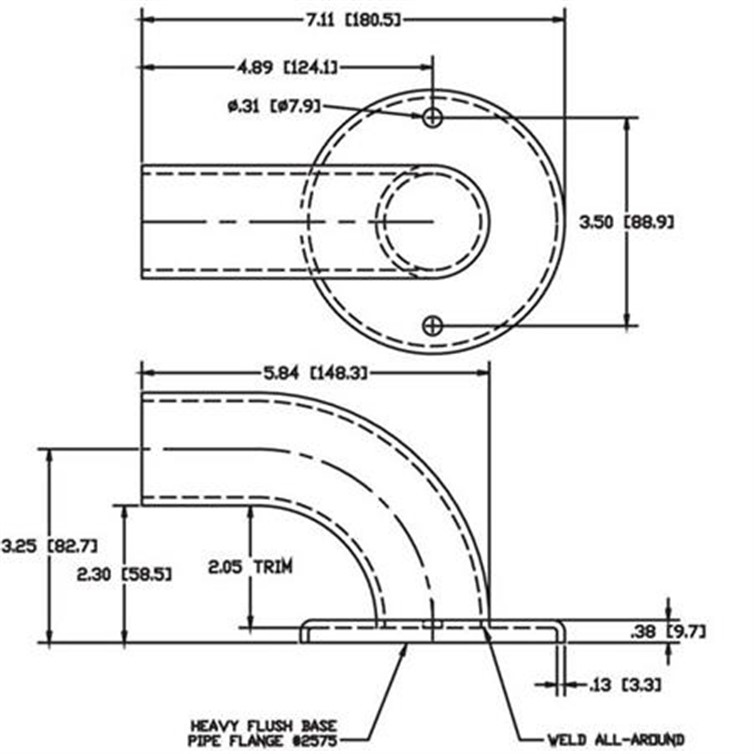 Wagner 2-Hole Aluminum Wall Return with 3-1/4" Projection, 1 Tangent, 1-1/2" Pipe 1165-2