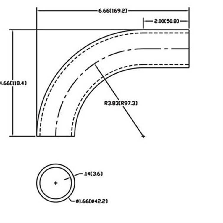 Aluminum Bent, Flush-Weld 90? Elbow with One 2" Tangent, 3" Inside Radius for 1-1/4" Pipe 295-3
