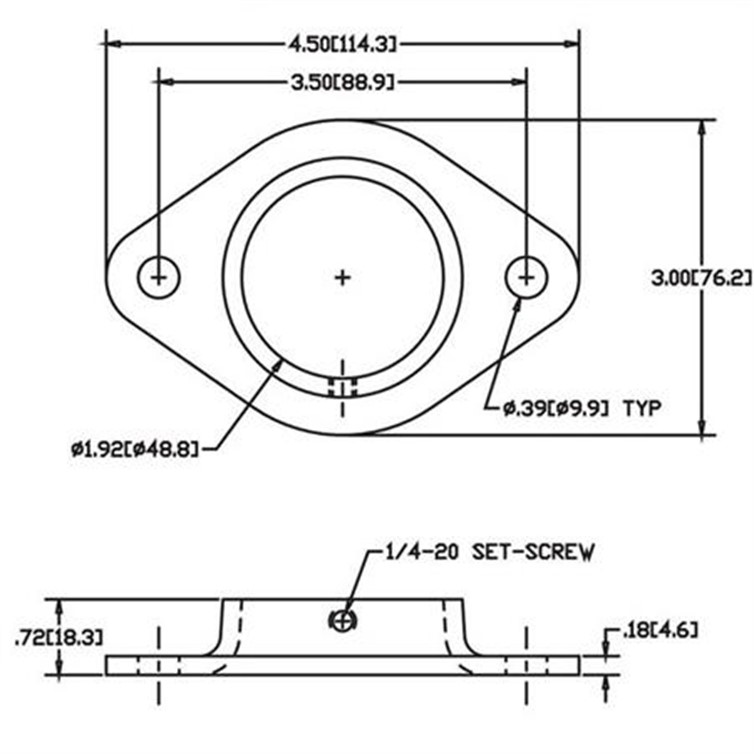 Tapered Flat Base Flange, Stainless, For 1.90" Diam, Surface Mnt, Mill 4878