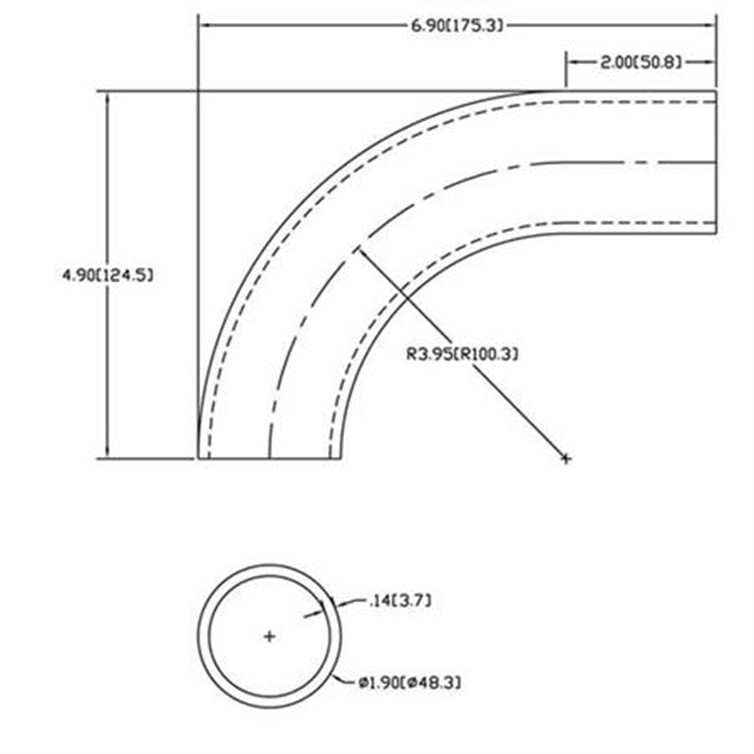 Steel Bent Flush-Weld 90? Elbow with One 2" Tangent, 3" Inside Radius for 1-1/2" Pipe 343-3