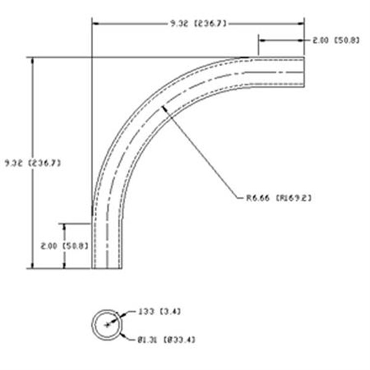 Stainless Steel Flush-Weld 90? Elbow with Two 2" Tangents with 6" Inside Radius for 1" Pipe 7449