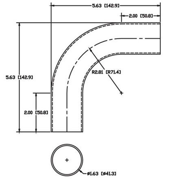 Stainless Steel Flush-Weld 90? Elbow w/ Two 2" Tangents, 2" Inside Radius for 1.625" Tube OD 7940T