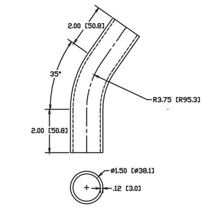 Steel Flush-Weld 35? Elbow with Two 2" Tangents, 3" Inside Radius for 1.50" Tube OD 6951