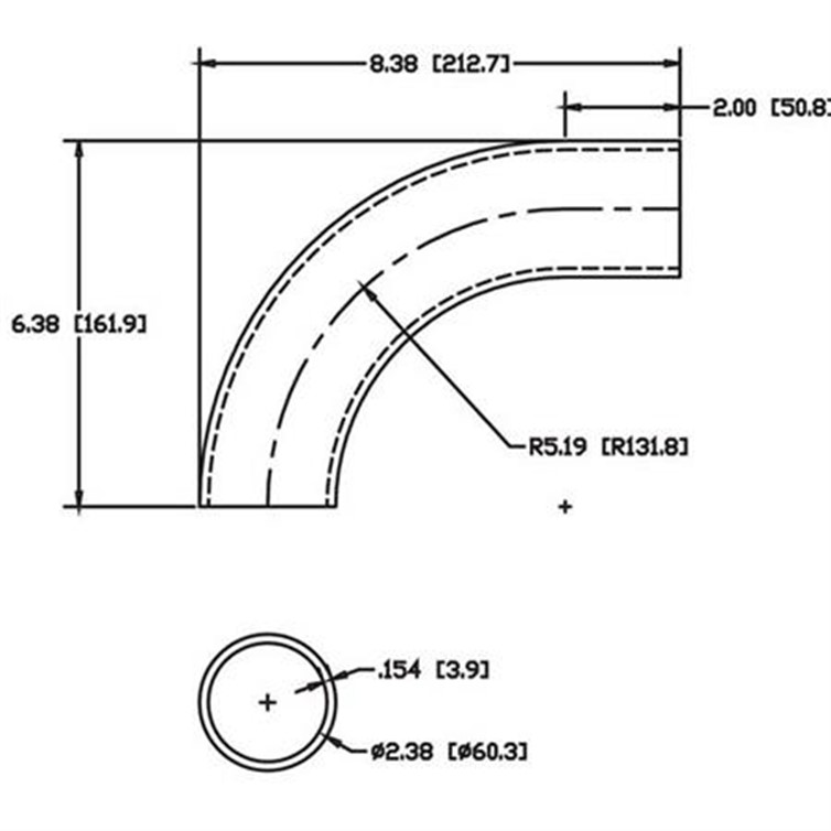 Aluminum Flush-Weld 90? Elbow with One 2" Tangent, 4" Inside Radius for 2" Pipe 5741