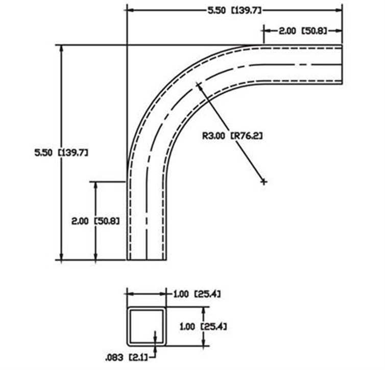 Steel 1" Square Tube Flush-Weld 90? Elbow with Two 2" Tangents, 2-1/2" Inside Radius 6308