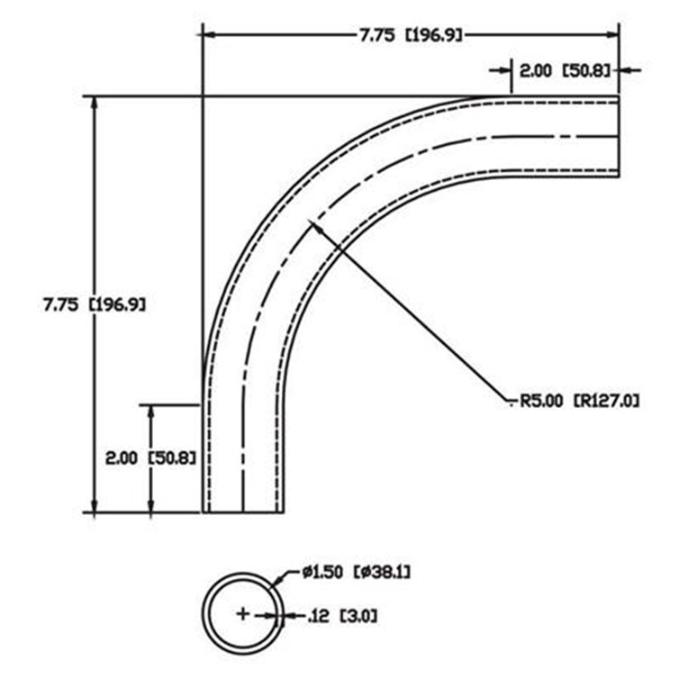 Steel Flush-Weld 90? Elbow with Two 2" Tangents, 4.25" Inside Radius for 1.50" Dia Tube  6958-5