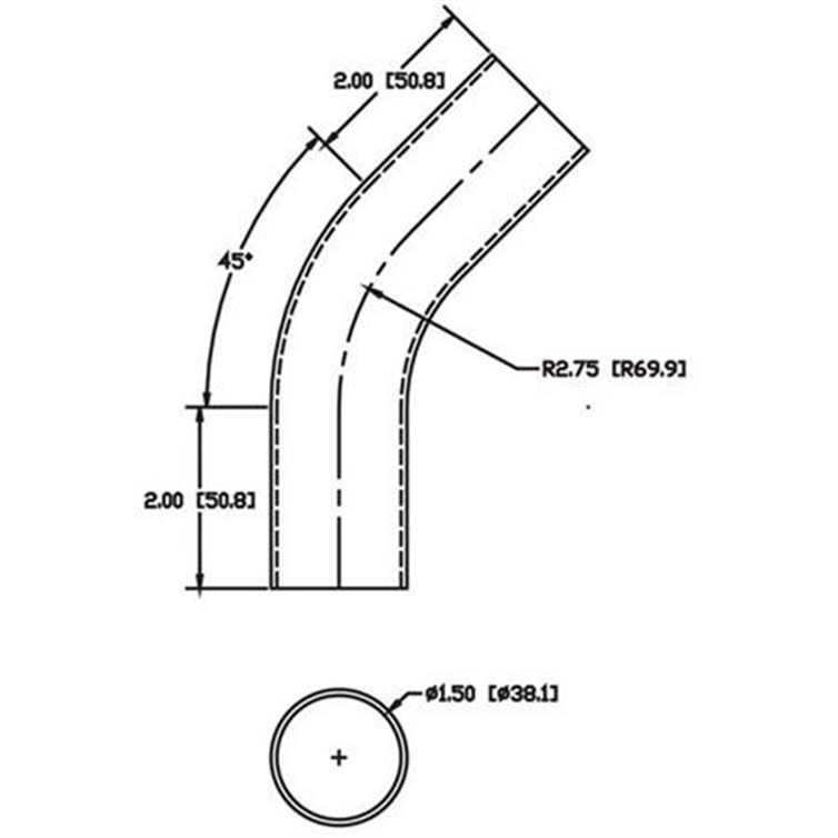 Aluminum Flush-Weld 45? Elbow with Two 2" Tangents, 2" Inside Radius for 1.50" Tube OD  7919